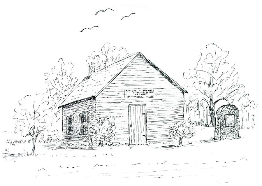 A black and white pencil and ink drawing of an old wooden church.