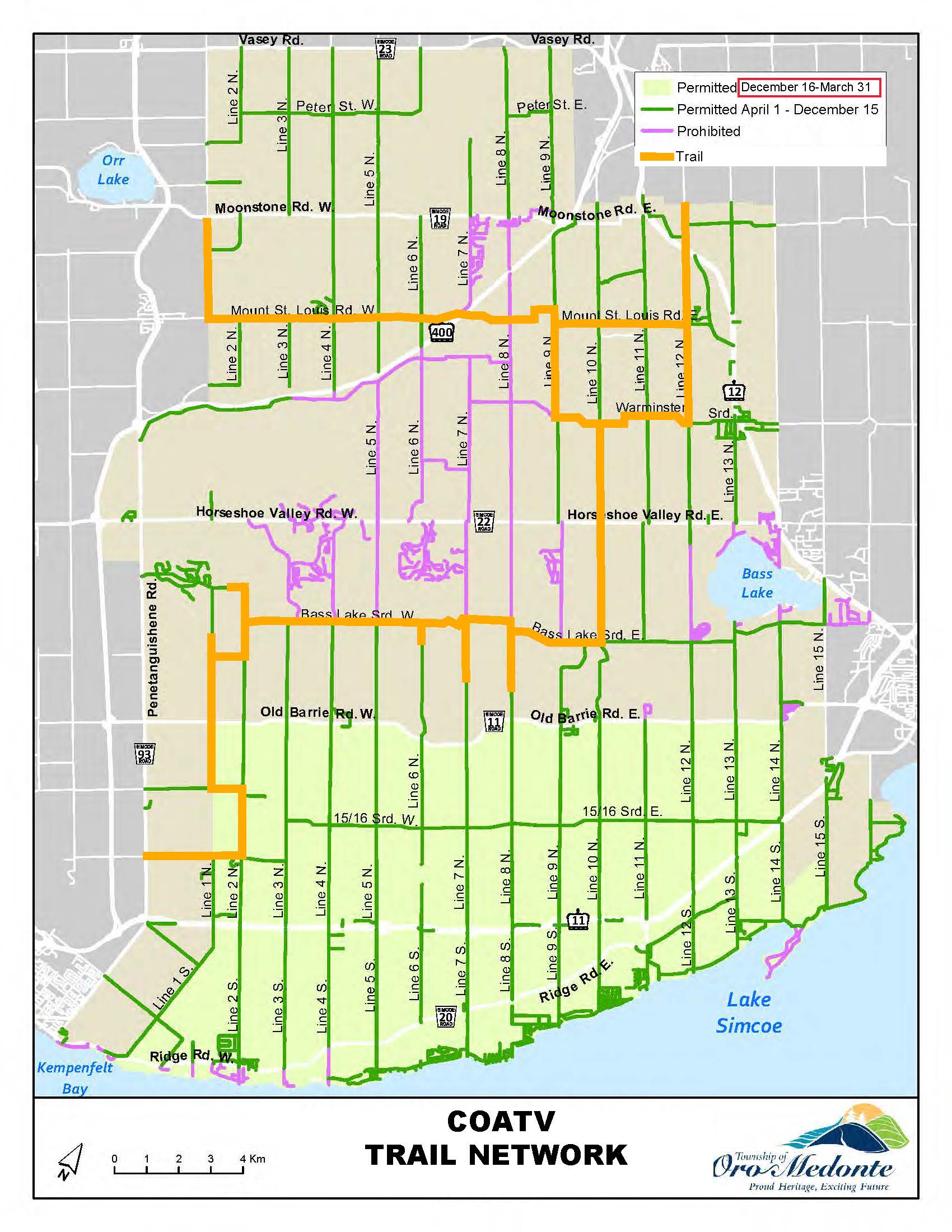 A map of trails throughout Oro-Medonte